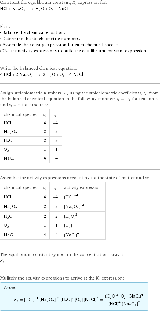 Construct the equilibrium constant, K, expression for: HCl + Na_2O_2 ⟶ H_2O + O_2 + NaCl Plan: • Balance the chemical equation. • Determine the stoichiometric numbers. • Assemble the activity expression for each chemical species. • Use the activity expressions to build the equilibrium constant expression. Write the balanced chemical equation: 4 HCl + 2 Na_2O_2 ⟶ 2 H_2O + O_2 + 4 NaCl Assign stoichiometric numbers, ν_i, using the stoichiometric coefficients, c_i, from the balanced chemical equation in the following manner: ν_i = -c_i for reactants and ν_i = c_i for products: chemical species | c_i | ν_i HCl | 4 | -4 Na_2O_2 | 2 | -2 H_2O | 2 | 2 O_2 | 1 | 1 NaCl | 4 | 4 Assemble the activity expressions accounting for the state of matter and ν_i: chemical species | c_i | ν_i | activity expression HCl | 4 | -4 | ([HCl])^(-4) Na_2O_2 | 2 | -2 | ([Na2O2])^(-2) H_2O | 2 | 2 | ([H2O])^2 O_2 | 1 | 1 | [O2] NaCl | 4 | 4 | ([NaCl])^4 The equilibrium constant symbol in the concentration basis is: K_c Mulitply the activity expressions to arrive at the K_c expression: Answer: |   | K_c = ([HCl])^(-4) ([Na2O2])^(-2) ([H2O])^2 [O2] ([NaCl])^4 = (([H2O])^2 [O2] ([NaCl])^4)/(([HCl])^4 ([Na2O2])^2)