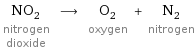 NO_2 nitrogen dioxide ⟶ O_2 oxygen + N_2 nitrogen