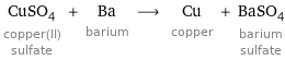 CuSO_4 copper(II) sulfate + Ba barium ⟶ Cu copper + BaSO_4 barium sulfate