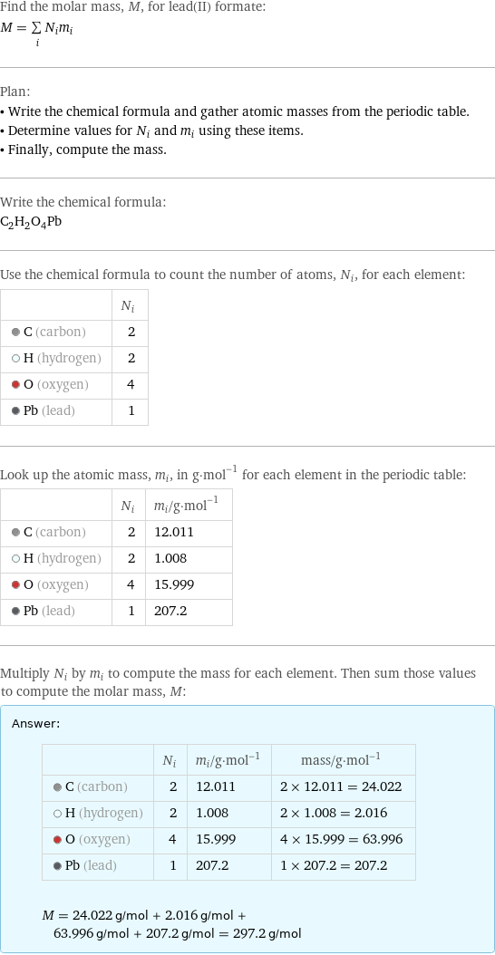 Find the molar mass, M, for lead(II) formate: M = sum _iN_im_i Plan: • Write the chemical formula and gather atomic masses from the periodic table. • Determine values for N_i and m_i using these items. • Finally, compute the mass. Write the chemical formula: C_2H_2O_4Pb Use the chemical formula to count the number of atoms, N_i, for each element:  | N_i  C (carbon) | 2  H (hydrogen) | 2  O (oxygen) | 4  Pb (lead) | 1 Look up the atomic mass, m_i, in g·mol^(-1) for each element in the periodic table:  | N_i | m_i/g·mol^(-1)  C (carbon) | 2 | 12.011  H (hydrogen) | 2 | 1.008  O (oxygen) | 4 | 15.999  Pb (lead) | 1 | 207.2 Multiply N_i by m_i to compute the mass for each element. Then sum those values to compute the molar mass, M: Answer: |   | | N_i | m_i/g·mol^(-1) | mass/g·mol^(-1)  C (carbon) | 2 | 12.011 | 2 × 12.011 = 24.022  H (hydrogen) | 2 | 1.008 | 2 × 1.008 = 2.016  O (oxygen) | 4 | 15.999 | 4 × 15.999 = 63.996  Pb (lead) | 1 | 207.2 | 1 × 207.2 = 207.2  M = 24.022 g/mol + 2.016 g/mol + 63.996 g/mol + 207.2 g/mol = 297.2 g/mol