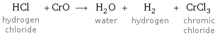 HCl hydrogen chloride + CrO ⟶ H_2O water + H_2 hydrogen + CrCl_3 chromic chloride