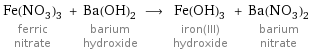 Fe(NO_3)_3 ferric nitrate + Ba(OH)_2 barium hydroxide ⟶ Fe(OH)_3 iron(III) hydroxide + Ba(NO_3)_2 barium nitrate