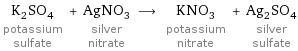 K_2SO_4 potassium sulfate + AgNO_3 silver nitrate ⟶ KNO_3 potassium nitrate + Ag_2SO_4 silver sulfate