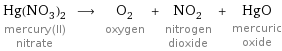 Hg(NO_3)_2 mercury(II) nitrate ⟶ O_2 oxygen + NO_2 nitrogen dioxide + HgO mercuric oxide