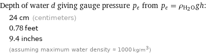 Depth of water d giving gauge pressure p_e from p_e = ρ_(H_2O)gh:  | 24 cm (centimeters)  | 0.78 feet  | 9.4 inches  | (assuming maximum water density ≈ 1000 kg/m^3)