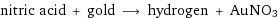 nitric acid + gold ⟶ hydrogen + AuNO3