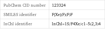 PubChem CID number | 123324 SMILES identifier | F[Xe](F)(F)F InChI identifier | InChI=1S/F4Xe/c1-5(2, 3)4