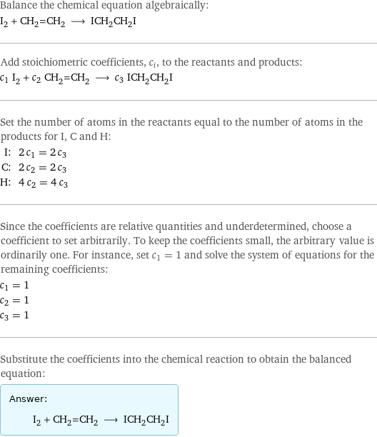 Balance the chemical equation algebraically: I_2 + CH_2=CH_2 ⟶ ICH_2CH_2I Add stoichiometric coefficients, c_i, to the reactants and products: c_1 I_2 + c_2 CH_2=CH_2 ⟶ c_3 ICH_2CH_2I Set the number of atoms in the reactants equal to the number of atoms in the products for I, C and H: I: | 2 c_1 = 2 c_3 C: | 2 c_2 = 2 c_3 H: | 4 c_2 = 4 c_3 Since the coefficients are relative quantities and underdetermined, choose a coefficient to set arbitrarily. To keep the coefficients small, the arbitrary value is ordinarily one. For instance, set c_1 = 1 and solve the system of equations for the remaining coefficients: c_1 = 1 c_2 = 1 c_3 = 1 Substitute the coefficients into the chemical reaction to obtain the balanced equation: Answer: |   | I_2 + CH_2=CH_2 ⟶ ICH_2CH_2I