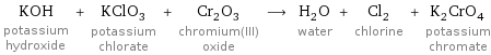 KOH potassium hydroxide + KClO_3 potassium chlorate + Cr_2O_3 chromium(III) oxide ⟶ H_2O water + Cl_2 chlorine + K_2CrO_4 potassium chromate