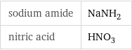 sodium amide | NaNH_2 nitric acid | HNO_3