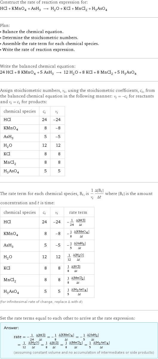 Construct the rate of reaction expression for: HCl + KMnO_4 + AsH_3 ⟶ H_2O + KCl + MnCl_2 + H_3AsO_4 Plan: • Balance the chemical equation. • Determine the stoichiometric numbers. • Assemble the rate term for each chemical species. • Write the rate of reaction expression. Write the balanced chemical equation: 24 HCl + 8 KMnO_4 + 5 AsH_3 ⟶ 12 H_2O + 8 KCl + 8 MnCl_2 + 5 H_3AsO_4 Assign stoichiometric numbers, ν_i, using the stoichiometric coefficients, c_i, from the balanced chemical equation in the following manner: ν_i = -c_i for reactants and ν_i = c_i for products: chemical species | c_i | ν_i HCl | 24 | -24 KMnO_4 | 8 | -8 AsH_3 | 5 | -5 H_2O | 12 | 12 KCl | 8 | 8 MnCl_2 | 8 | 8 H_3AsO_4 | 5 | 5 The rate term for each chemical species, B_i, is 1/ν_i(Δ[B_i])/(Δt) where [B_i] is the amount concentration and t is time: chemical species | c_i | ν_i | rate term HCl | 24 | -24 | -1/24 (Δ[HCl])/(Δt) KMnO_4 | 8 | -8 | -1/8 (Δ[KMnO4])/(Δt) AsH_3 | 5 | -5 | -1/5 (Δ[AsH3])/(Δt) H_2O | 12 | 12 | 1/12 (Δ[H2O])/(Δt) KCl | 8 | 8 | 1/8 (Δ[KCl])/(Δt) MnCl_2 | 8 | 8 | 1/8 (Δ[MnCl2])/(Δt) H_3AsO_4 | 5 | 5 | 1/5 (Δ[H3AsO4])/(Δt) (for infinitesimal rate of change, replace Δ with d) Set the rate terms equal to each other to arrive at the rate expression: Answer: |   | rate = -1/24 (Δ[HCl])/(Δt) = -1/8 (Δ[KMnO4])/(Δt) = -1/5 (Δ[AsH3])/(Δt) = 1/12 (Δ[H2O])/(Δt) = 1/8 (Δ[KCl])/(Δt) = 1/8 (Δ[MnCl2])/(Δt) = 1/5 (Δ[H3AsO4])/(Δt) (assuming constant volume and no accumulation of intermediates or side products)