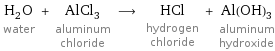 H_2O water + AlCl_3 aluminum chloride ⟶ HCl hydrogen chloride + Al(OH)_3 aluminum hydroxide