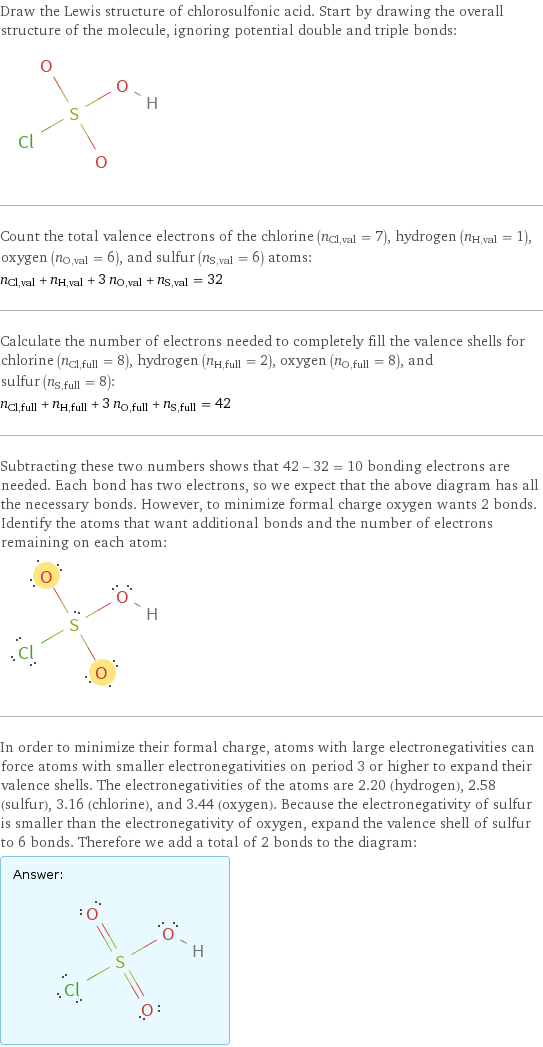 Draw the Lewis structure of chlorosulfonic acid. Start by drawing the overall structure of the molecule, ignoring potential double and triple bonds:  Count the total valence electrons of the chlorine (n_Cl, val = 7), hydrogen (n_H, val = 1), oxygen (n_O, val = 6), and sulfur (n_S, val = 6) atoms: n_Cl, val + n_H, val + 3 n_O, val + n_S, val = 32 Calculate the number of electrons needed to completely fill the valence shells for chlorine (n_Cl, full = 8), hydrogen (n_H, full = 2), oxygen (n_O, full = 8), and sulfur (n_S, full = 8): n_Cl, full + n_H, full + 3 n_O, full + n_S, full = 42 Subtracting these two numbers shows that 42 - 32 = 10 bonding electrons are needed. Each bond has two electrons, so we expect that the above diagram has all the necessary bonds. However, to minimize formal charge oxygen wants 2 bonds. Identify the atoms that want additional bonds and the number of electrons remaining on each atom:  In order to minimize their formal charge, atoms with large electronegativities can force atoms with smaller electronegativities on period 3 or higher to expand their valence shells. The electronegativities of the atoms are 2.20 (hydrogen), 2.58 (sulfur), 3.16 (chlorine), and 3.44 (oxygen). Because the electronegativity of sulfur is smaller than the electronegativity of oxygen, expand the valence shell of sulfur to 6 bonds. Therefore we add a total of 2 bonds to the diagram: Answer: |   | 