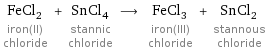 FeCl_2 iron(II) chloride + SnCl_4 stannic chloride ⟶ FeCl_3 iron(III) chloride + SnCl_2 stannous chloride