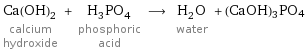 Ca(OH)_2 calcium hydroxide + H_3PO_4 phosphoric acid ⟶ H_2O water + (CaOH)3PO4