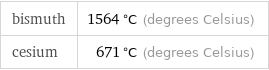 bismuth | 1564 °C (degrees Celsius) cesium | 671 °C (degrees Celsius)