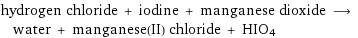 hydrogen chloride + iodine + manganese dioxide ⟶ water + manganese(II) chloride + HIO4