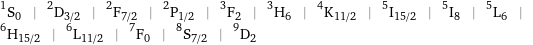 ^1S_0 | ^2D_(3/2) | ^2F_(7/2) | ^2P_(1/2) | ^3F_2 | ^3H_6 | ^4K_(11/2) | ^5I_(15/2) | ^5I_8 | ^5L_6 | ^6H_(15/2) | ^6L_(11/2) | ^7F_0 | ^8S_(7/2) | ^9D_2