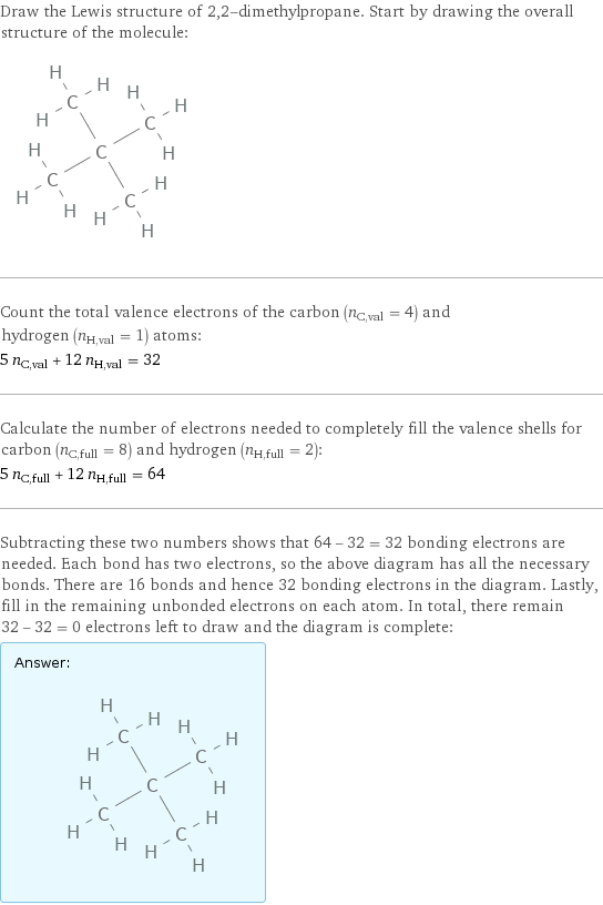 Draw the Lewis structure of 2, 2-dimethylpropane. Start by drawing the overall structure of the molecule:  Count the total valence electrons of the carbon (n_C, val = 4) and hydrogen (n_H, val = 1) atoms: 5 n_C, val + 12 n_H, val = 32 Calculate the number of electrons needed to completely fill the valence shells for carbon (n_C, full = 8) and hydrogen (n_H, full = 2): 5 n_C, full + 12 n_H, full = 64 Subtracting these two numbers shows that 64 - 32 = 32 bonding electrons are needed. Each bond has two electrons, so the above diagram has all the necessary bonds. There are 16 bonds and hence 32 bonding electrons in the diagram. Lastly, fill in the remaining unbonded electrons on each atom. In total, there remain 32 - 32 = 0 electrons left to draw and the diagram is complete: Answer: |   | 