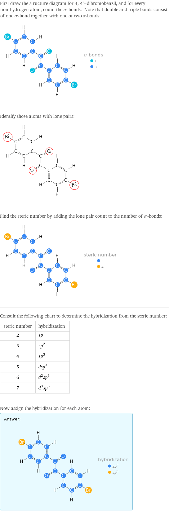 First draw the structure diagram for 4, 4'-dibromobenzil, and for every non-hydrogen atom, count the σ-bonds. Note that double and triple bonds consist of one σ-bond together with one or two π-bonds:  Identify those atoms with lone pairs:  Find the steric number by adding the lone pair count to the number of σ-bonds:  Consult the following chart to determine the hybridization from the steric number: steric number | hybridization 2 | sp 3 | sp^2 4 | sp^3 5 | dsp^3 6 | d^2sp^3 7 | d^3sp^3 Now assign the hybridization for each atom: Answer: |   | 