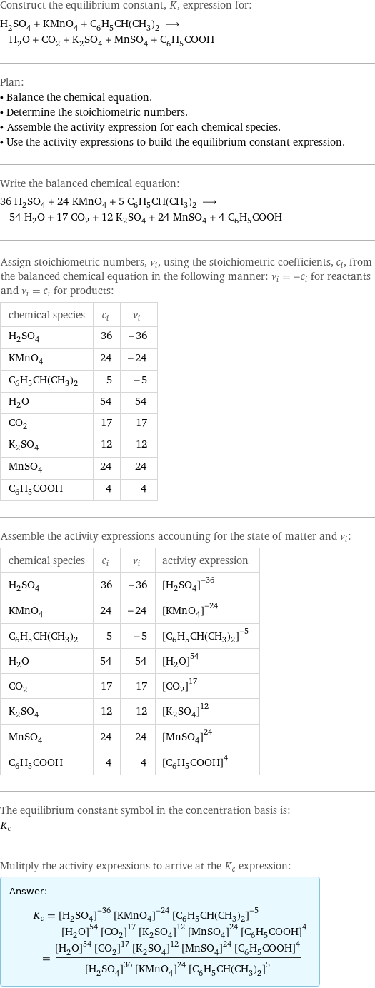 Construct the equilibrium constant, K, expression for: H_2SO_4 + KMnO_4 + C_6H_5CH(CH_3)_2 ⟶ H_2O + CO_2 + K_2SO_4 + MnSO_4 + C_6H_5COOH Plan: • Balance the chemical equation. • Determine the stoichiometric numbers. • Assemble the activity expression for each chemical species. • Use the activity expressions to build the equilibrium constant expression. Write the balanced chemical equation: 36 H_2SO_4 + 24 KMnO_4 + 5 C_6H_5CH(CH_3)_2 ⟶ 54 H_2O + 17 CO_2 + 12 K_2SO_4 + 24 MnSO_4 + 4 C_6H_5COOH Assign stoichiometric numbers, ν_i, using the stoichiometric coefficients, c_i, from the balanced chemical equation in the following manner: ν_i = -c_i for reactants and ν_i = c_i for products: chemical species | c_i | ν_i H_2SO_4 | 36 | -36 KMnO_4 | 24 | -24 C_6H_5CH(CH_3)_2 | 5 | -5 H_2O | 54 | 54 CO_2 | 17 | 17 K_2SO_4 | 12 | 12 MnSO_4 | 24 | 24 C_6H_5COOH | 4 | 4 Assemble the activity expressions accounting for the state of matter and ν_i: chemical species | c_i | ν_i | activity expression H_2SO_4 | 36 | -36 | ([H2SO4])^(-36) KMnO_4 | 24 | -24 | ([KMnO4])^(-24) C_6H_5CH(CH_3)_2 | 5 | -5 | ([C6H5CH(CH3)2])^(-5) H_2O | 54 | 54 | ([H2O])^54 CO_2 | 17 | 17 | ([CO2])^17 K_2SO_4 | 12 | 12 | ([K2SO4])^12 MnSO_4 | 24 | 24 | ([MnSO4])^24 C_6H_5COOH | 4 | 4 | ([C6H5COOH])^4 The equilibrium constant symbol in the concentration basis is: K_c Mulitply the activity expressions to arrive at the K_c expression: Answer: |   | K_c = ([H2SO4])^(-36) ([KMnO4])^(-24) ([C6H5CH(CH3)2])^(-5) ([H2O])^54 ([CO2])^17 ([K2SO4])^12 ([MnSO4])^24 ([C6H5COOH])^4 = (([H2O])^54 ([CO2])^17 ([K2SO4])^12 ([MnSO4])^24 ([C6H5COOH])^4)/(([H2SO4])^36 ([KMnO4])^24 ([C6H5CH(CH3)2])^5)