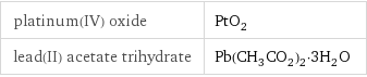 platinum(IV) oxide | PtO_2 lead(II) acetate trihydrate | Pb(CH_3CO_2)_2·3H_2O