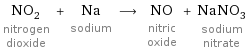 NO_2 nitrogen dioxide + Na sodium ⟶ NO nitric oxide + NaNO_3 sodium nitrate