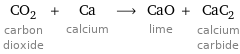 CO_2 carbon dioxide + Ca calcium ⟶ CaO lime + CaC_2 calcium carbide