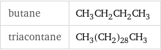 butane | CH_3CH_2CH_2CH_3 triacontane | CH_3(CH_2)_28CH_3