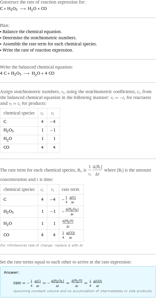 Construct the rate of reaction expression for: C + H2O5 ⟶ H_2O + CO Plan: • Balance the chemical equation. • Determine the stoichiometric numbers. • Assemble the rate term for each chemical species. • Write the rate of reaction expression. Write the balanced chemical equation: 4 C + H2O5 ⟶ H_2O + 4 CO Assign stoichiometric numbers, ν_i, using the stoichiometric coefficients, c_i, from the balanced chemical equation in the following manner: ν_i = -c_i for reactants and ν_i = c_i for products: chemical species | c_i | ν_i C | 4 | -4 H2O5 | 1 | -1 H_2O | 1 | 1 CO | 4 | 4 The rate term for each chemical species, B_i, is 1/ν_i(Δ[B_i])/(Δt) where [B_i] is the amount concentration and t is time: chemical species | c_i | ν_i | rate term C | 4 | -4 | -1/4 (Δ[C])/(Δt) H2O5 | 1 | -1 | -(Δ[H2O5])/(Δt) H_2O | 1 | 1 | (Δ[H2O])/(Δt) CO | 4 | 4 | 1/4 (Δ[CO])/(Δt) (for infinitesimal rate of change, replace Δ with d) Set the rate terms equal to each other to arrive at the rate expression: Answer: |   | rate = -1/4 (Δ[C])/(Δt) = -(Δ[H2O5])/(Δt) = (Δ[H2O])/(Δt) = 1/4 (Δ[CO])/(Δt) (assuming constant volume and no accumulation of intermediates or side products)