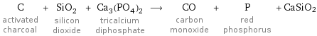 C activated charcoal + SiO_2 silicon dioxide + Ca_3(PO_4)_2 tricalcium diphosphate ⟶ CO carbon monoxide + P red phosphorus + CaSiO2