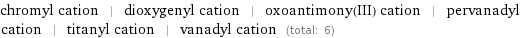 chromyl cation | dioxygenyl cation | oxoantimony(III) cation | pervanadyl cation | titanyl cation | vanadyl cation (total: 6)