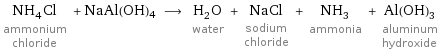 NH_4Cl ammonium chloride + NaAl(OH)4 ⟶ H_2O water + NaCl sodium chloride + NH_3 ammonia + Al(OH)_3 aluminum hydroxide