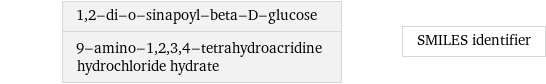 1, 2-di-o-sinapoyl-beta-D-glucose 9-amino-1, 2, 3, 4-tetrahydroacridine hydrochloride hydrate | SMILES identifier