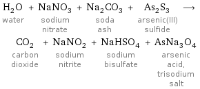 H_2O water + NaNO_3 sodium nitrate + Na_2CO_3 soda ash + As_2S_3 arsenic(III) sulfide ⟶ CO_2 carbon dioxide + NaNO_2 sodium nitrite + NaHSO_4 sodium bisulfate + AsNa_3O_4 arsenic acid, trisodium salt