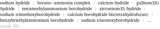 sodium hydride | borane-ammonia complex | calcium hydride | gallium(III) hydride | tetramethylammonium borohydride | zirconium(II) hydride | sodium trimethoxyborohydride | calcium borohydride bis(tetrahydrofuran) | benzyltriethylammonium borohydride | sodium triacetoxyborohydride | ... (total: 25)