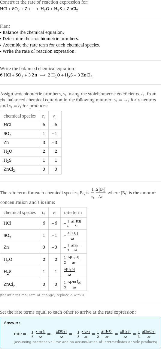 Construct the rate of reaction expression for: HCl + SO_2 + Zn ⟶ H_2O + H_2S + ZnCl_2 Plan: • Balance the chemical equation. • Determine the stoichiometric numbers. • Assemble the rate term for each chemical species. • Write the rate of reaction expression. Write the balanced chemical equation: 6 HCl + SO_2 + 3 Zn ⟶ 2 H_2O + H_2S + 3 ZnCl_2 Assign stoichiometric numbers, ν_i, using the stoichiometric coefficients, c_i, from the balanced chemical equation in the following manner: ν_i = -c_i for reactants and ν_i = c_i for products: chemical species | c_i | ν_i HCl | 6 | -6 SO_2 | 1 | -1 Zn | 3 | -3 H_2O | 2 | 2 H_2S | 1 | 1 ZnCl_2 | 3 | 3 The rate term for each chemical species, B_i, is 1/ν_i(Δ[B_i])/(Δt) where [B_i] is the amount concentration and t is time: chemical species | c_i | ν_i | rate term HCl | 6 | -6 | -1/6 (Δ[HCl])/(Δt) SO_2 | 1 | -1 | -(Δ[SO2])/(Δt) Zn | 3 | -3 | -1/3 (Δ[Zn])/(Δt) H_2O | 2 | 2 | 1/2 (Δ[H2O])/(Δt) H_2S | 1 | 1 | (Δ[H2S])/(Δt) ZnCl_2 | 3 | 3 | 1/3 (Δ[ZnCl2])/(Δt) (for infinitesimal rate of change, replace Δ with d) Set the rate terms equal to each other to arrive at the rate expression: Answer: |   | rate = -1/6 (Δ[HCl])/(Δt) = -(Δ[SO2])/(Δt) = -1/3 (Δ[Zn])/(Δt) = 1/2 (Δ[H2O])/(Δt) = (Δ[H2S])/(Δt) = 1/3 (Δ[ZnCl2])/(Δt) (assuming constant volume and no accumulation of intermediates or side products)