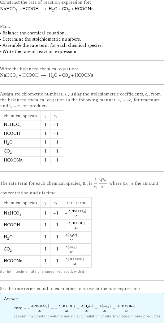 Construct the rate of reaction expression for: NaHCO_3 + HCOOH ⟶ H_2O + CO_2 + HCOONa Plan: • Balance the chemical equation. • Determine the stoichiometric numbers. • Assemble the rate term for each chemical species. • Write the rate of reaction expression. Write the balanced chemical equation: NaHCO_3 + HCOOH ⟶ H_2O + CO_2 + HCOONa Assign stoichiometric numbers, ν_i, using the stoichiometric coefficients, c_i, from the balanced chemical equation in the following manner: ν_i = -c_i for reactants and ν_i = c_i for products: chemical species | c_i | ν_i NaHCO_3 | 1 | -1 HCOOH | 1 | -1 H_2O | 1 | 1 CO_2 | 1 | 1 HCOONa | 1 | 1 The rate term for each chemical species, B_i, is 1/ν_i(Δ[B_i])/(Δt) where [B_i] is the amount concentration and t is time: chemical species | c_i | ν_i | rate term NaHCO_3 | 1 | -1 | -(Δ[NaHCO3])/(Δt) HCOOH | 1 | -1 | -(Δ[HCOOH])/(Δt) H_2O | 1 | 1 | (Δ[H2O])/(Δt) CO_2 | 1 | 1 | (Δ[CO2])/(Δt) HCOONa | 1 | 1 | (Δ[HCOONa])/(Δt) (for infinitesimal rate of change, replace Δ with d) Set the rate terms equal to each other to arrive at the rate expression: Answer: |   | rate = -(Δ[NaHCO3])/(Δt) = -(Δ[HCOOH])/(Δt) = (Δ[H2O])/(Δt) = (Δ[CO2])/(Δt) = (Δ[HCOONa])/(Δt) (assuming constant volume and no accumulation of intermediates or side products)