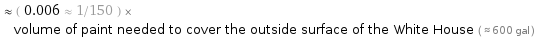  ≈ ( 0.006 ≈ 1/150 ) × volume of paint needed to cover the outside surface of the White House ( ≈ 600 gal )