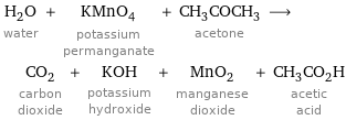 H_2O water + KMnO_4 potassium permanganate + CH_3COCH_3 acetone ⟶ CO_2 carbon dioxide + KOH potassium hydroxide + MnO_2 manganese dioxide + CH_3CO_2H acetic acid