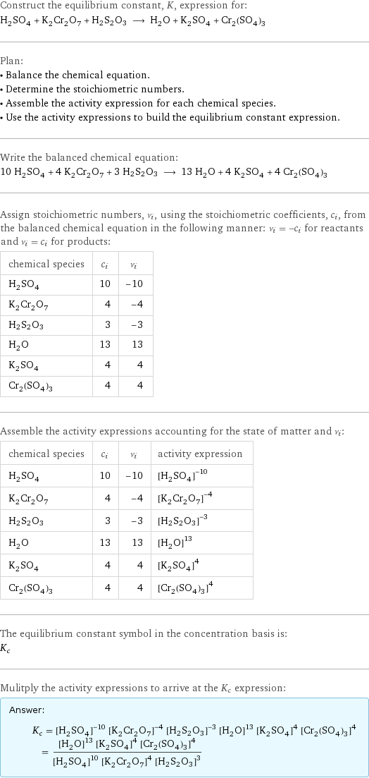 Construct the equilibrium constant, K, expression for: H_2SO_4 + K_2Cr_2O_7 + H2S2O3 ⟶ H_2O + K_2SO_4 + Cr_2(SO_4)_3 Plan: • Balance the chemical equation. • Determine the stoichiometric numbers. • Assemble the activity expression for each chemical species. • Use the activity expressions to build the equilibrium constant expression. Write the balanced chemical equation: 10 H_2SO_4 + 4 K_2Cr_2O_7 + 3 H2S2O3 ⟶ 13 H_2O + 4 K_2SO_4 + 4 Cr_2(SO_4)_3 Assign stoichiometric numbers, ν_i, using the stoichiometric coefficients, c_i, from the balanced chemical equation in the following manner: ν_i = -c_i for reactants and ν_i = c_i for products: chemical species | c_i | ν_i H_2SO_4 | 10 | -10 K_2Cr_2O_7 | 4 | -4 H2S2O3 | 3 | -3 H_2O | 13 | 13 K_2SO_4 | 4 | 4 Cr_2(SO_4)_3 | 4 | 4 Assemble the activity expressions accounting for the state of matter and ν_i: chemical species | c_i | ν_i | activity expression H_2SO_4 | 10 | -10 | ([H2SO4])^(-10) K_2Cr_2O_7 | 4 | -4 | ([K2Cr2O7])^(-4) H2S2O3 | 3 | -3 | ([H2S2O3])^(-3) H_2O | 13 | 13 | ([H2O])^13 K_2SO_4 | 4 | 4 | ([K2SO4])^4 Cr_2(SO_4)_3 | 4 | 4 | ([Cr2(SO4)3])^4 The equilibrium constant symbol in the concentration basis is: K_c Mulitply the activity expressions to arrive at the K_c expression: Answer: |   | K_c = ([H2SO4])^(-10) ([K2Cr2O7])^(-4) ([H2S2O3])^(-3) ([H2O])^13 ([K2SO4])^4 ([Cr2(SO4)3])^4 = (([H2O])^13 ([K2SO4])^4 ([Cr2(SO4)3])^4)/(([H2SO4])^10 ([K2Cr2O7])^4 ([H2S2O3])^3)