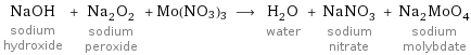 NaOH sodium hydroxide + Na_2O_2 sodium peroxide + Mo(NO3)3 ⟶ H_2O water + NaNO_3 sodium nitrate + Na_2MoO_4 sodium molybdate