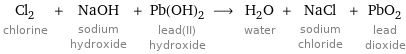 Cl_2 chlorine + NaOH sodium hydroxide + Pb(OH)_2 lead(II) hydroxide ⟶ H_2O water + NaCl sodium chloride + PbO_2 lead dioxide