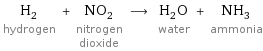 H_2 hydrogen + NO_2 nitrogen dioxide ⟶ H_2O water + NH_3 ammonia