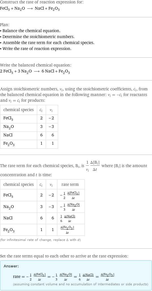 Construct the rate of reaction expression for: FeCl_3 + Na_2O ⟶ NaCl + Fe_2O_3 Plan: • Balance the chemical equation. • Determine the stoichiometric numbers. • Assemble the rate term for each chemical species. • Write the rate of reaction expression. Write the balanced chemical equation: 2 FeCl_3 + 3 Na_2O ⟶ 6 NaCl + Fe_2O_3 Assign stoichiometric numbers, ν_i, using the stoichiometric coefficients, c_i, from the balanced chemical equation in the following manner: ν_i = -c_i for reactants and ν_i = c_i for products: chemical species | c_i | ν_i FeCl_3 | 2 | -2 Na_2O | 3 | -3 NaCl | 6 | 6 Fe_2O_3 | 1 | 1 The rate term for each chemical species, B_i, is 1/ν_i(Δ[B_i])/(Δt) where [B_i] is the amount concentration and t is time: chemical species | c_i | ν_i | rate term FeCl_3 | 2 | -2 | -1/2 (Δ[FeCl3])/(Δt) Na_2O | 3 | -3 | -1/3 (Δ[Na2O])/(Δt) NaCl | 6 | 6 | 1/6 (Δ[NaCl])/(Δt) Fe_2O_3 | 1 | 1 | (Δ[Fe2O3])/(Δt) (for infinitesimal rate of change, replace Δ with d) Set the rate terms equal to each other to arrive at the rate expression: Answer: |   | rate = -1/2 (Δ[FeCl3])/(Δt) = -1/3 (Δ[Na2O])/(Δt) = 1/6 (Δ[NaCl])/(Δt) = (Δ[Fe2O3])/(Δt) (assuming constant volume and no accumulation of intermediates or side products)