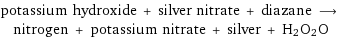 potassium hydroxide + silver nitrate + diazane ⟶ nitrogen + potassium nitrate + silver + H2O2O