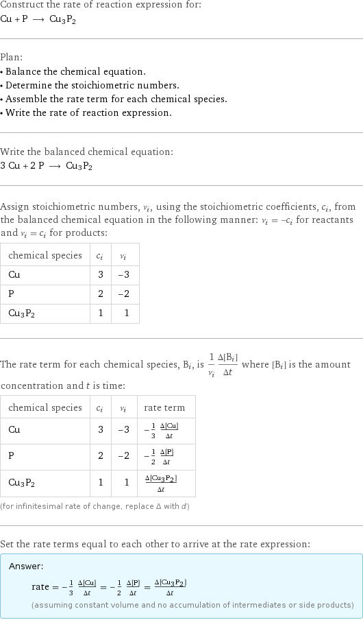 Construct the rate of reaction expression for: Cu + P ⟶ Cu3P2 Plan: • Balance the chemical equation. • Determine the stoichiometric numbers. • Assemble the rate term for each chemical species. • Write the rate of reaction expression. Write the balanced chemical equation: 3 Cu + 2 P ⟶ Cu3P2 Assign stoichiometric numbers, ν_i, using the stoichiometric coefficients, c_i, from the balanced chemical equation in the following manner: ν_i = -c_i for reactants and ν_i = c_i for products: chemical species | c_i | ν_i Cu | 3 | -3 P | 2 | -2 Cu3P2 | 1 | 1 The rate term for each chemical species, B_i, is 1/ν_i(Δ[B_i])/(Δt) where [B_i] is the amount concentration and t is time: chemical species | c_i | ν_i | rate term Cu | 3 | -3 | -1/3 (Δ[Cu])/(Δt) P | 2 | -2 | -1/2 (Δ[P])/(Δt) Cu3P2 | 1 | 1 | (Δ[Cu3P2])/(Δt) (for infinitesimal rate of change, replace Δ with d) Set the rate terms equal to each other to arrive at the rate expression: Answer: |   | rate = -1/3 (Δ[Cu])/(Δt) = -1/2 (Δ[P])/(Δt) = (Δ[Cu3P2])/(Δt) (assuming constant volume and no accumulation of intermediates or side products)