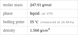 molar mass | 247.91 g/mol phase | liquid (at STP) boiling point | 55 °C (measured at 26.66 Pa) density | 1.568 g/cm^3