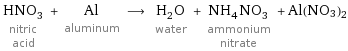 HNO_3 nitric acid + Al aluminum ⟶ H_2O water + NH_4NO_3 ammonium nitrate + Al(NO3)2