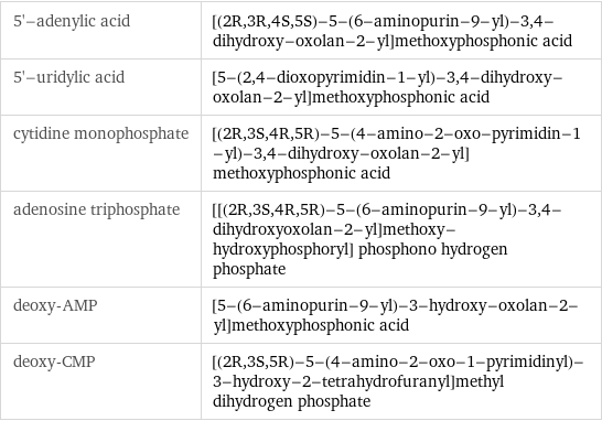 5'-adenylic acid | [(2R, 3R, 4S, 5S)-5-(6-aminopurin-9-yl)-3, 4-dihydroxy-oxolan-2-yl]methoxyphosphonic acid 5'-uridylic acid | [5-(2, 4-dioxopyrimidin-1-yl)-3, 4-dihydroxy-oxolan-2-yl]methoxyphosphonic acid cytidine monophosphate | [(2R, 3S, 4R, 5R)-5-(4-amino-2-oxo-pyrimidin-1-yl)-3, 4-dihydroxy-oxolan-2-yl]methoxyphosphonic acid adenosine triphosphate | [[(2R, 3S, 4R, 5R)-5-(6-aminopurin-9-yl)-3, 4-dihydroxyoxolan-2-yl]methoxy-hydroxyphosphoryl] phosphono hydrogen phosphate deoxy-AMP | [5-(6-aminopurin-9-yl)-3-hydroxy-oxolan-2-yl]methoxyphosphonic acid deoxy-CMP | [(2R, 3S, 5R)-5-(4-amino-2-oxo-1-pyrimidinyl)-3-hydroxy-2-tetrahydrofuranyl]methyl dihydrogen phosphate